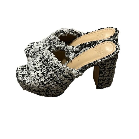 Women's JF London Black & White Tweed Open Toe Platform Heather Throwback Heels - Picture 1 of 9
